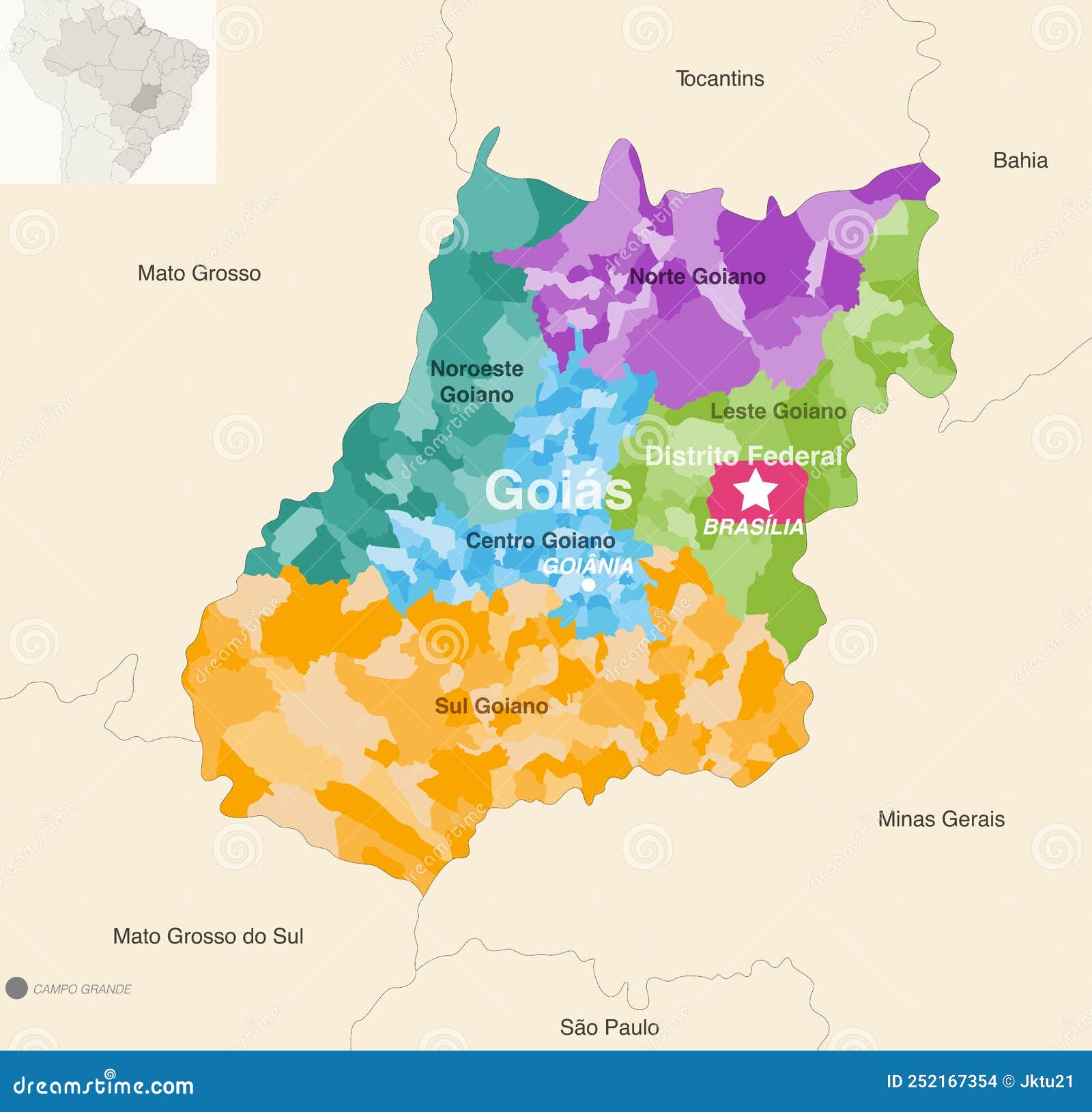 brazil states goias and distrito federal administrative map showing municipalities colored by state regions mesoregions