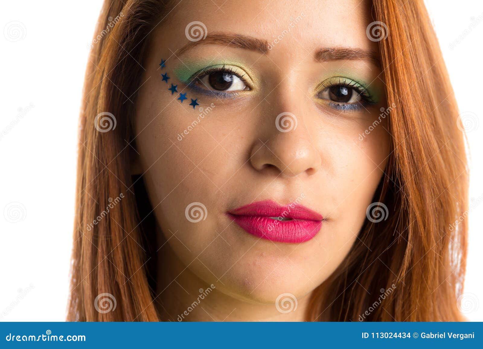 brazilian woman fan celebrating on football match on white background. brazil colors.