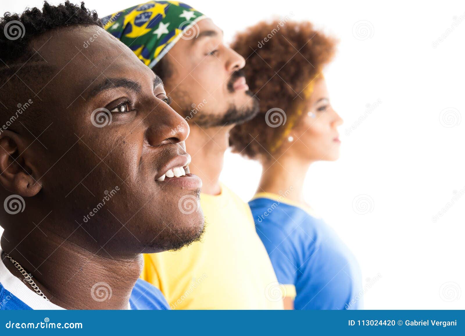 brazilian group of fans celebrating on football match on white b