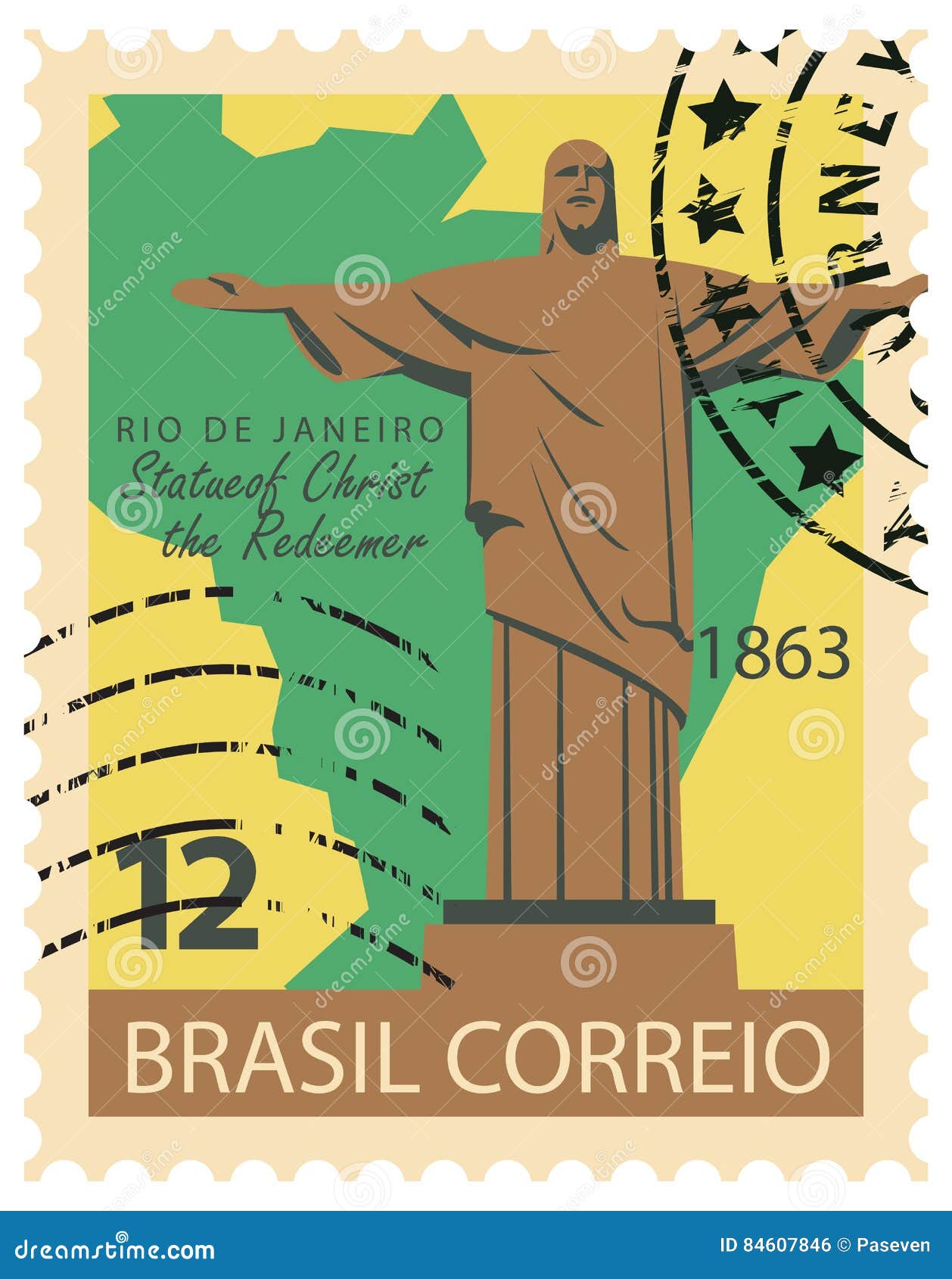Brazilian Stamp With Statue Of Christ Stock Vector Illustration Of Historical Architecture