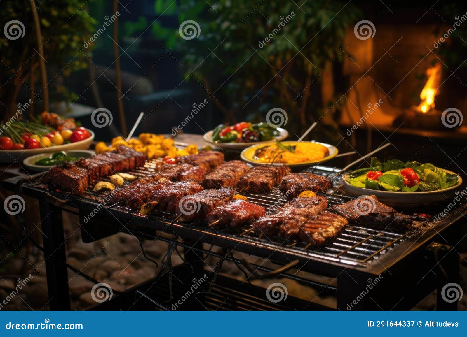 brazilian style bbq setup with fire-grilled meat and skewers