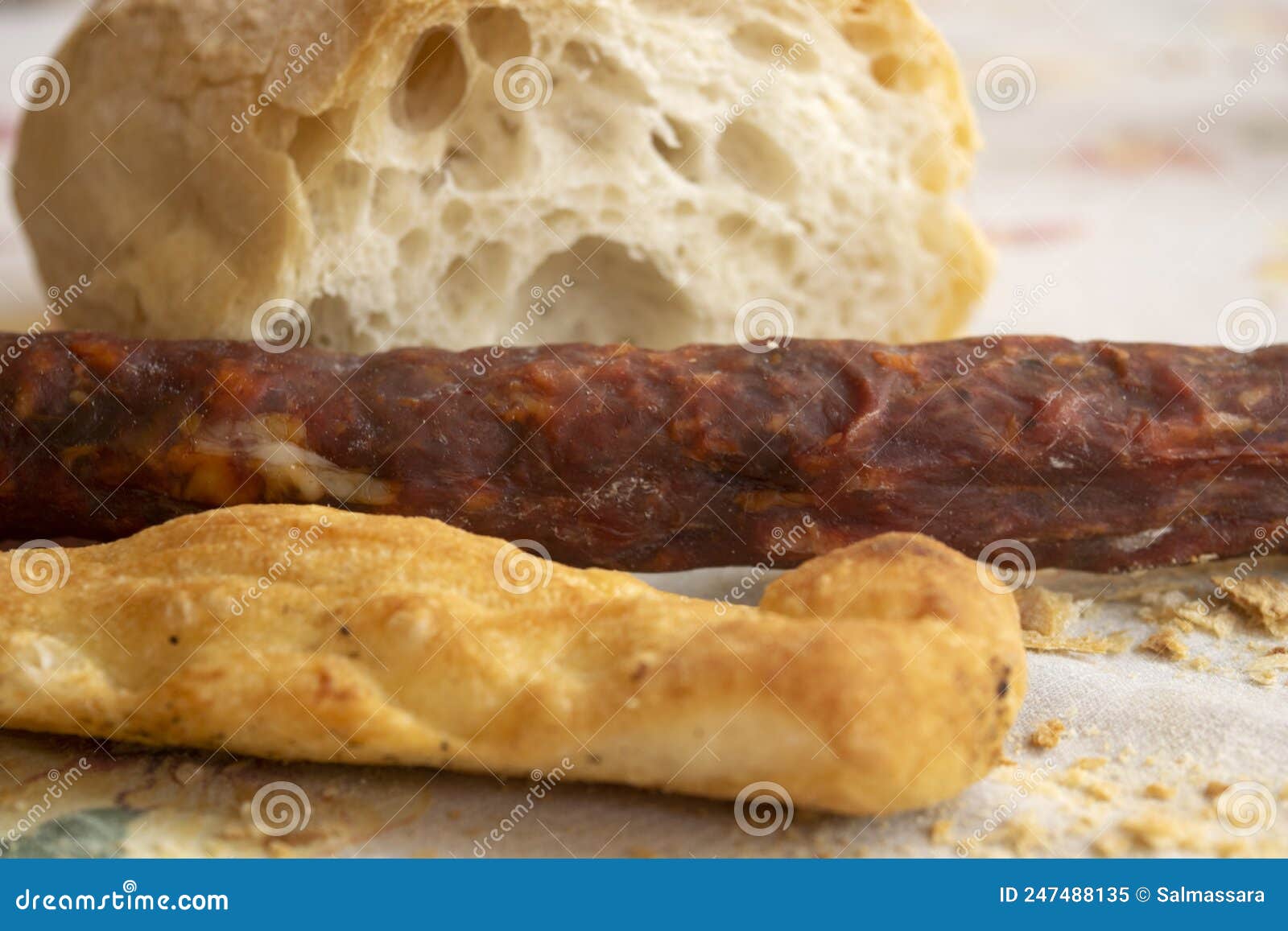 Bread bun and spicy salami stock image. Image of bread 247488135