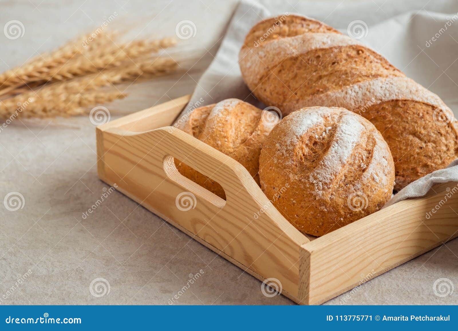 Bread and Buns on Wooden Tray Stock Image Image of roll, wood 113775771