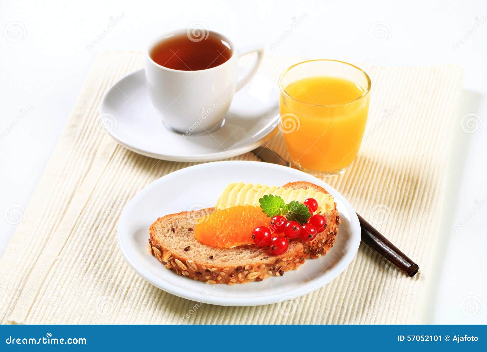 Bread with Butter, Cup of Tea and Orange Juice Stock Image Image of