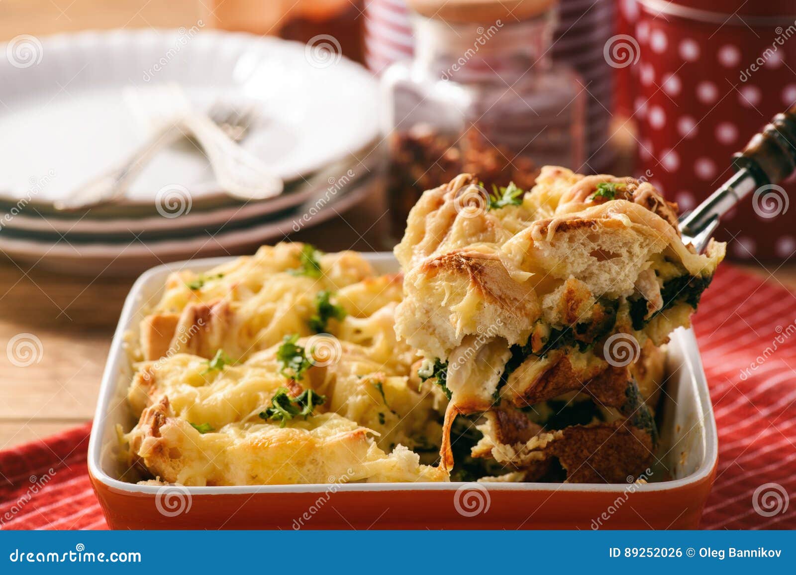 Bread Casserole with Chicken, Spinach,eggs and Cheese Known As Strata