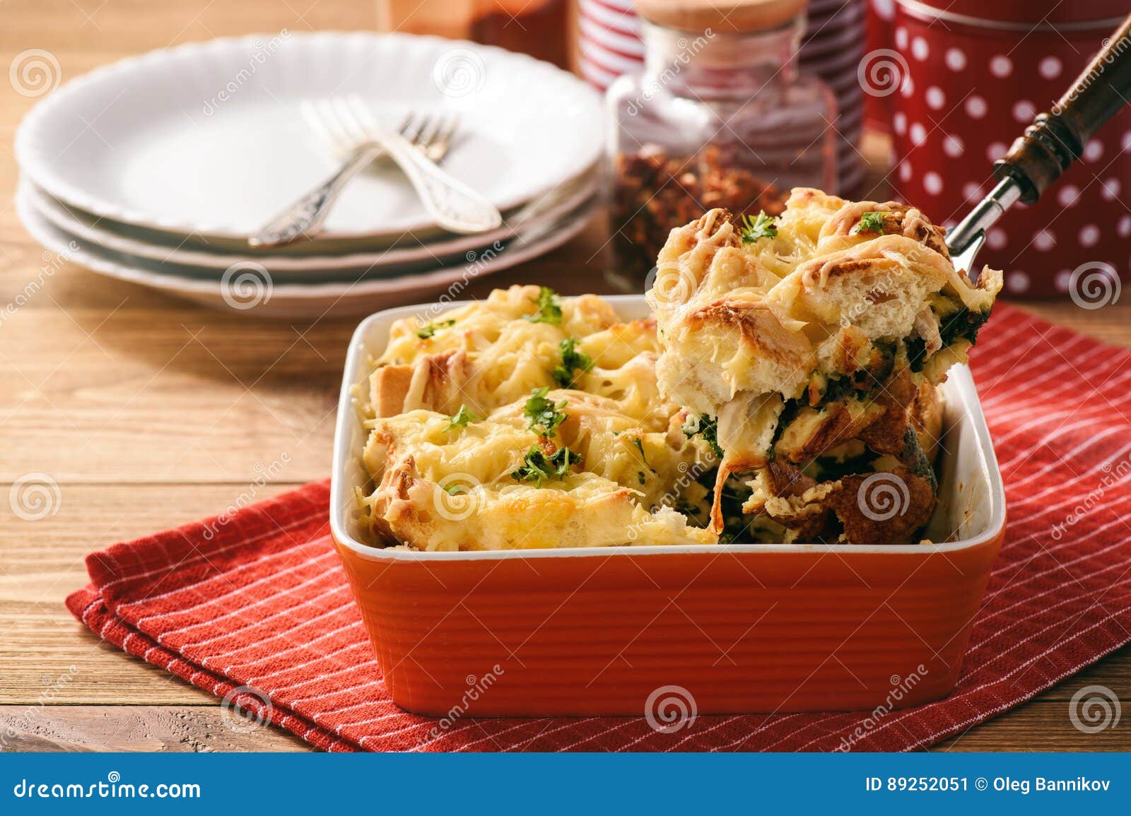 Bread Casserole with Chicken, Spinach,eggs and Cheese Known As Strata