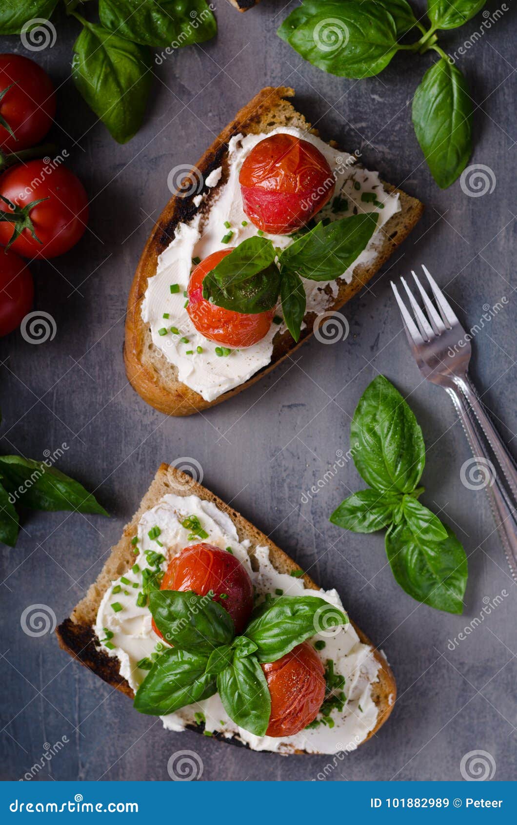 Bread Cheese Spread Baked Tomato Stock Image Image of chives, basil