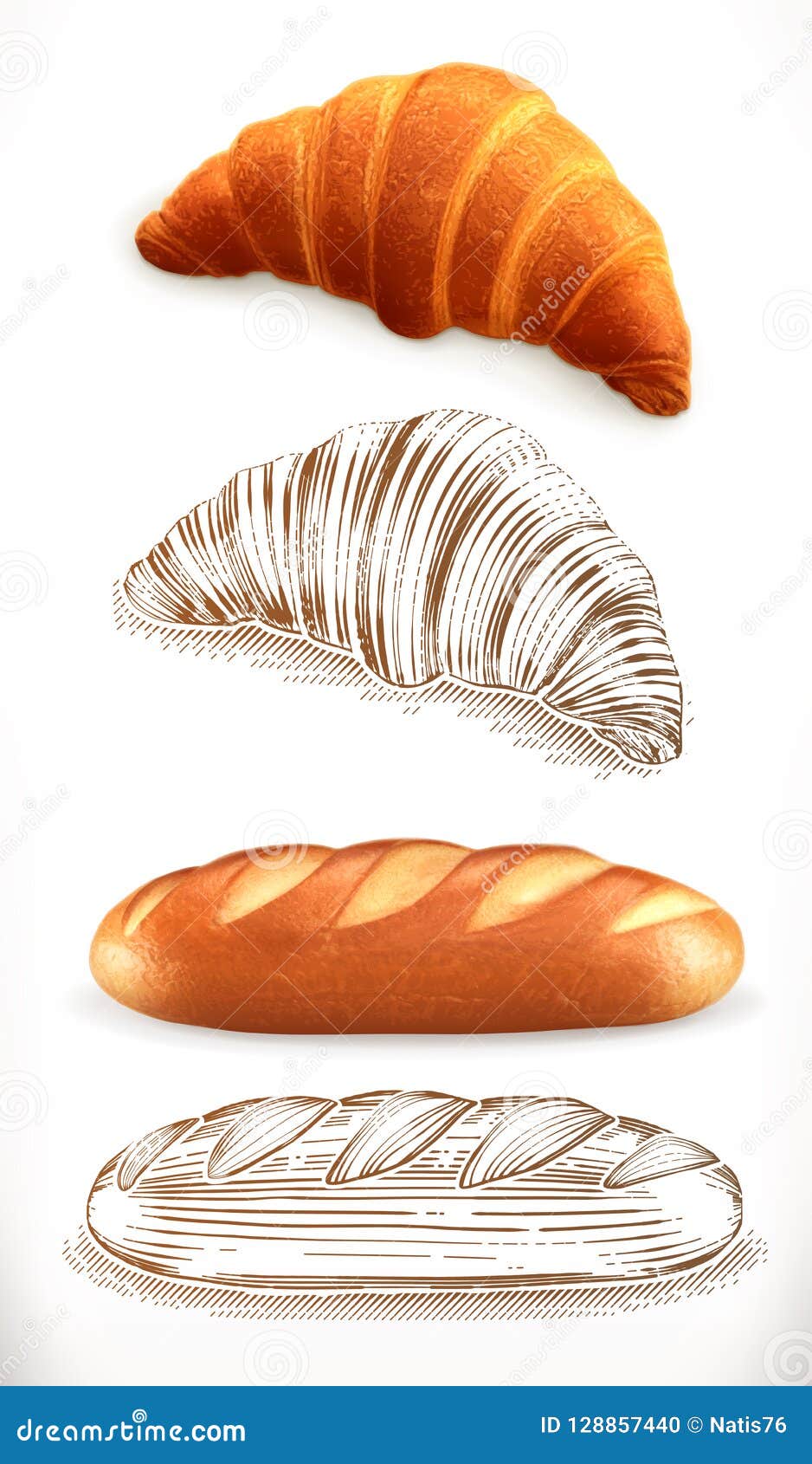 bread. croissant, loaf. 3d realism and engraving styles.  