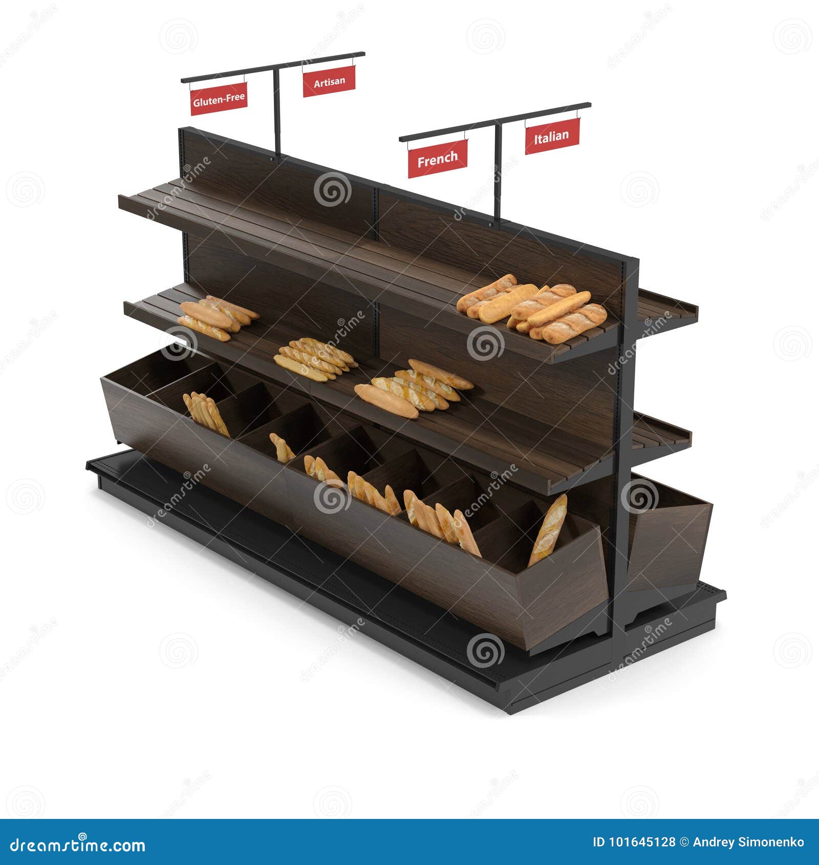 Bread Display Racks For Stores On White. 3D Illustration Stock