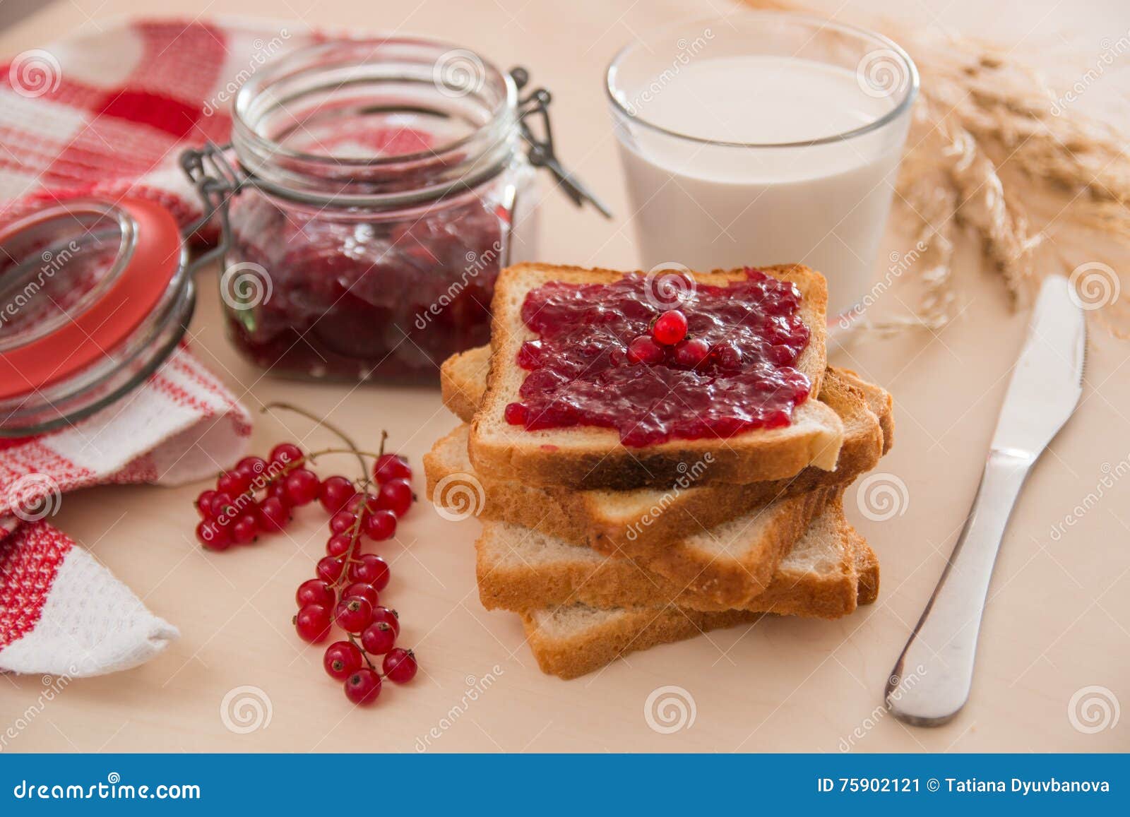 Bread with Jam for Breakfast and Milk Stock Image Image of meal