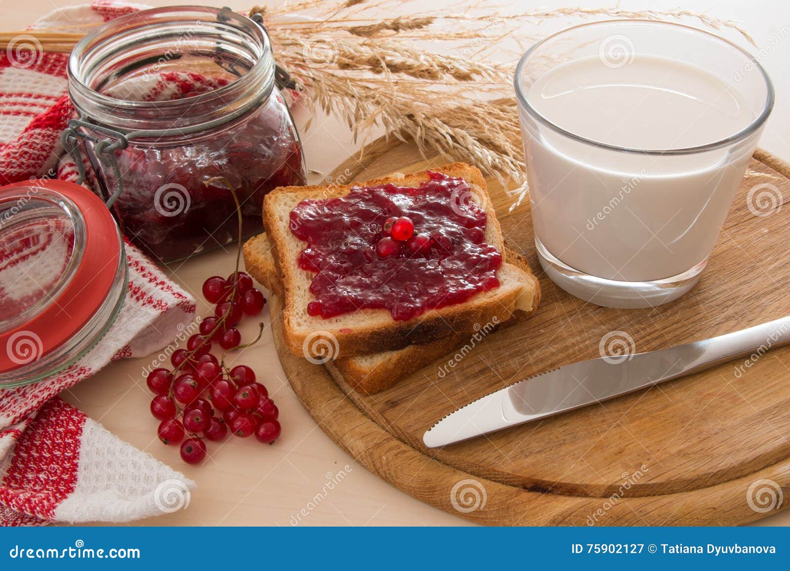 Bread with Jam for Breakfast and Milk Stock Image Image of fruit