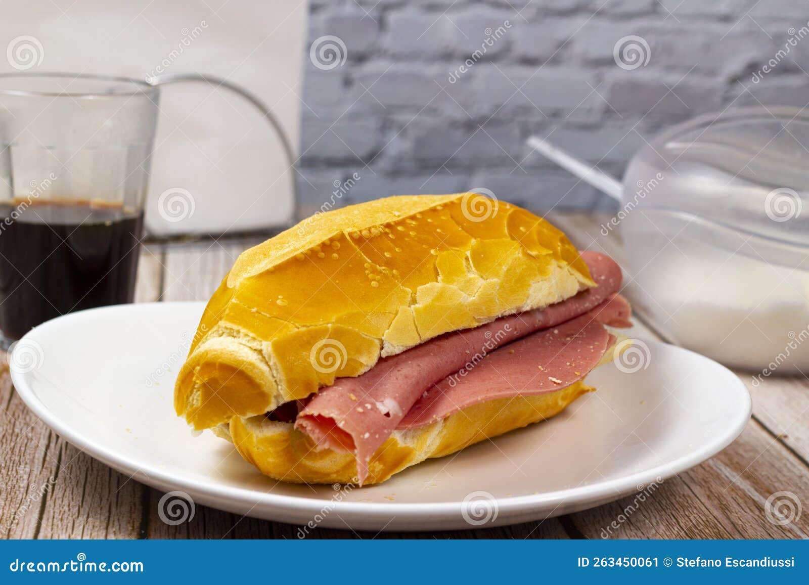 Bread with Mortadella on the Wooden Table Stock Image Image of
