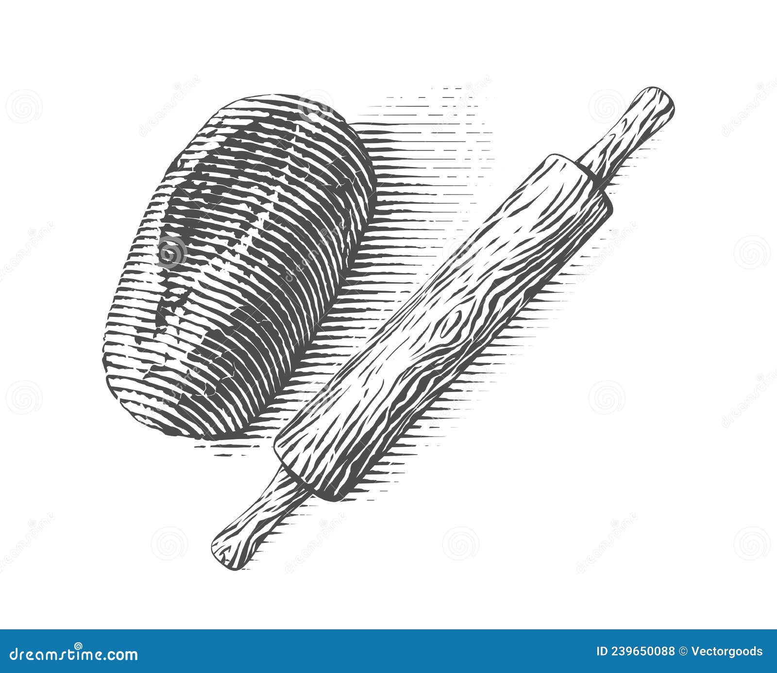 Bread and Rolling Pin Hand Drawing Sketch Engraving Illustration Style