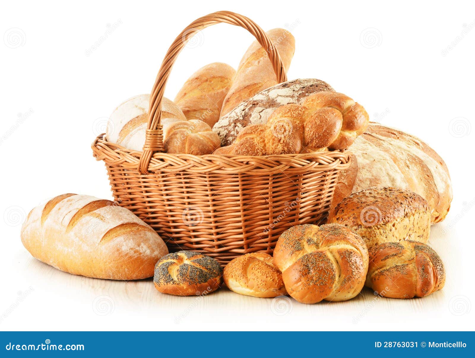 Bread and Rolls in Wicker Basket Isolated on White Stock Image Image