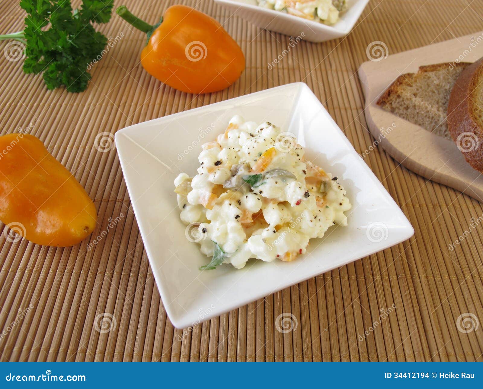 Bread Spread with Cottage Cheese, Olives and Sweet Peppers Stock Photo