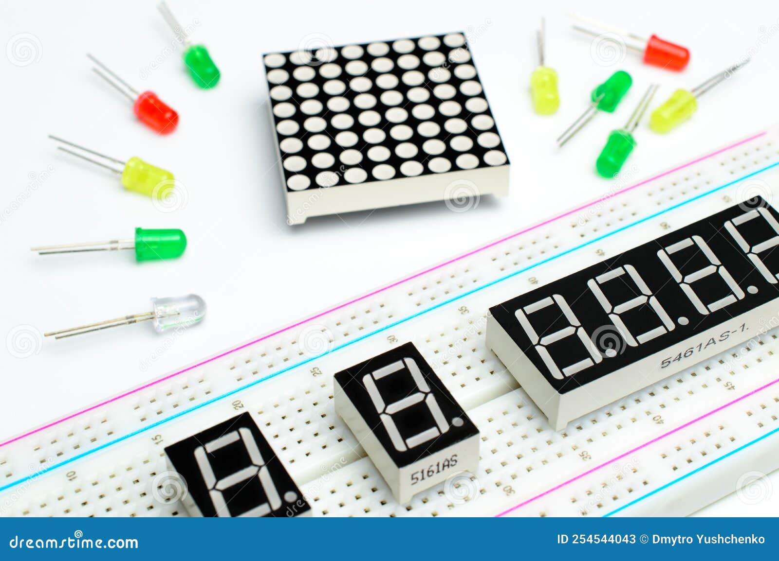 Breadboard Close-up, Seven Segment Indicators and Color Led Lamp. LED ...