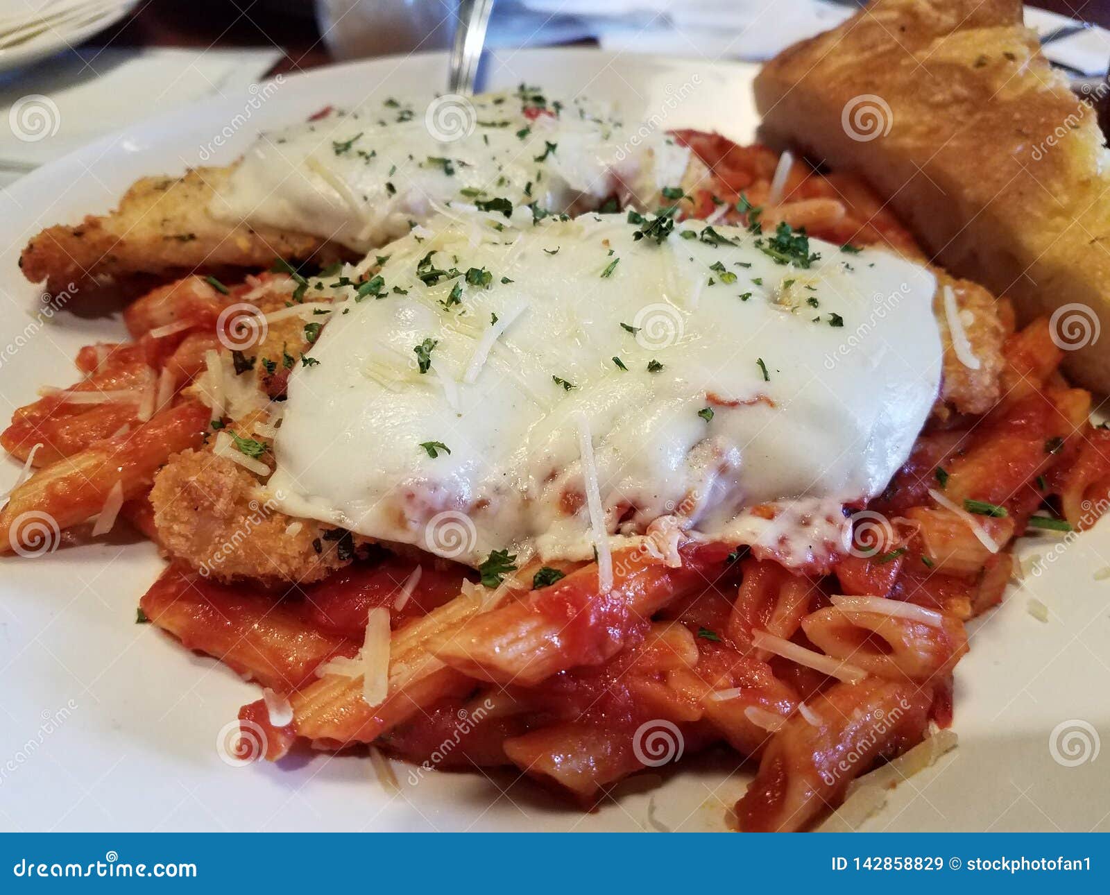 Breaded Chicken with Melted Cheese and Pasta Stock Image Image of