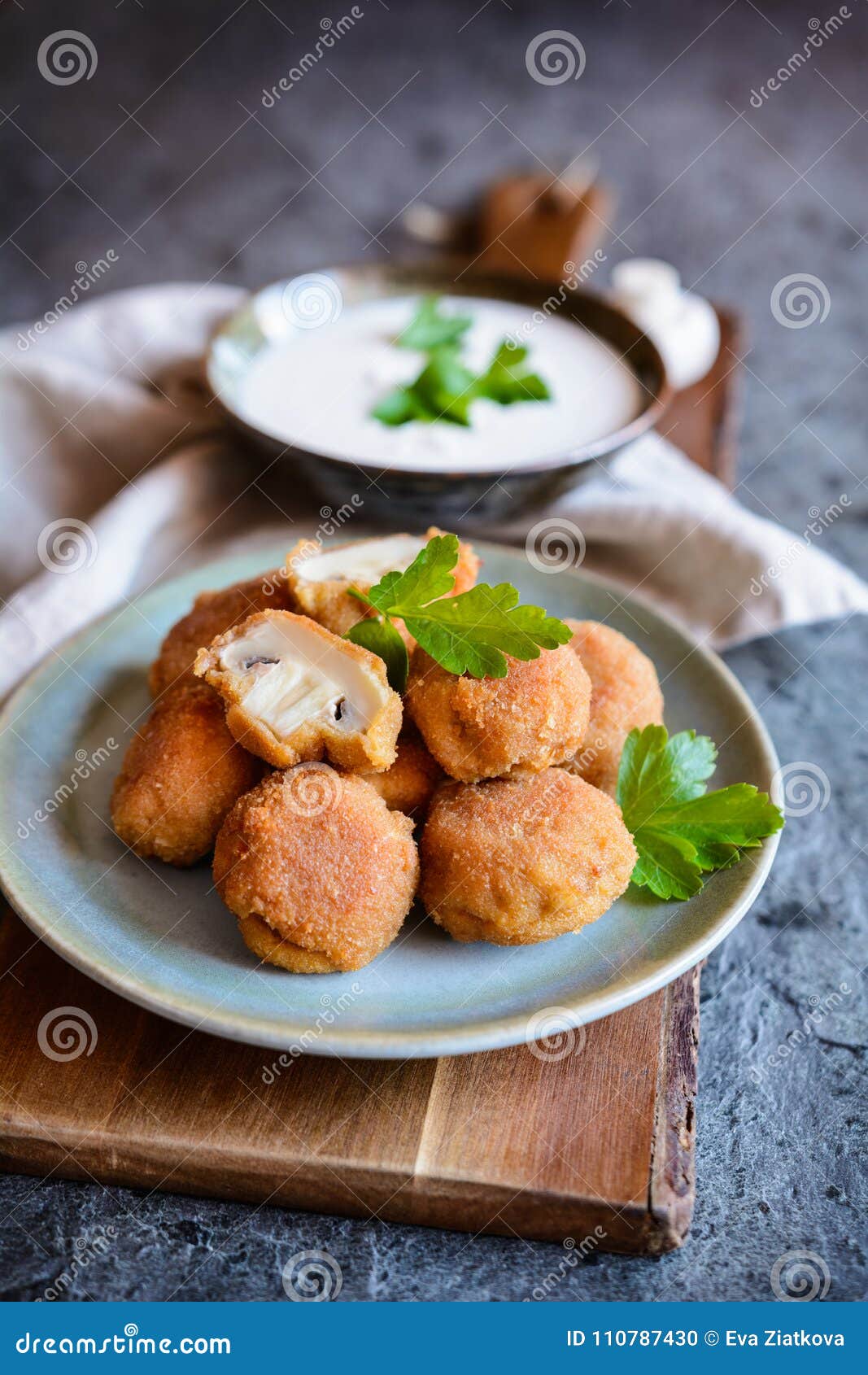 Breaded Deep Fried Mushrooms with Dip Stock Photo Image of mushrooms
