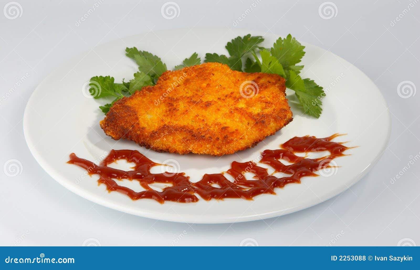 Breaded Steak and Ketchup stock photo. Image of white 2253088