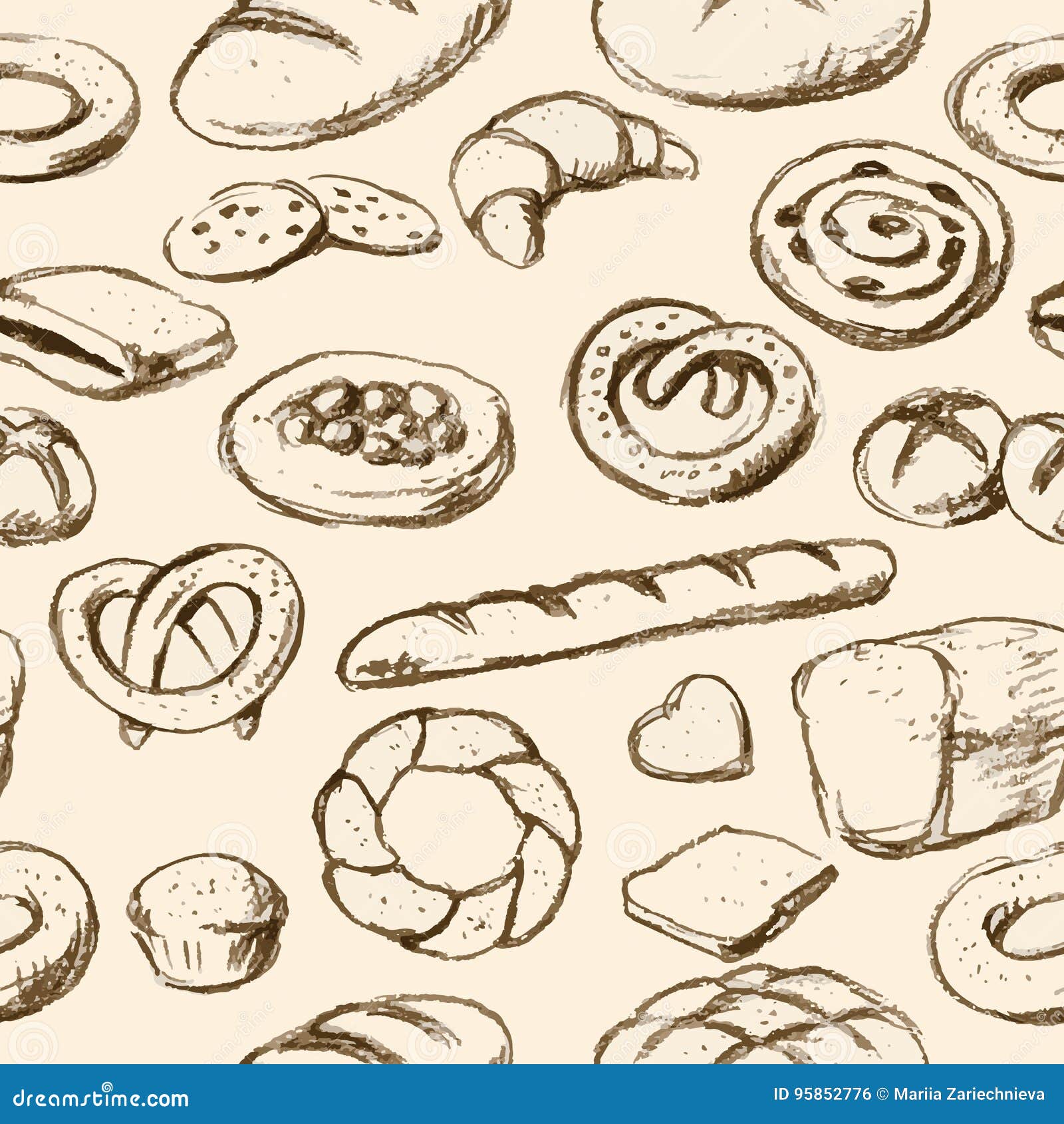 Breads and Pastries Hand Drawn Tilable Background Stock Vector