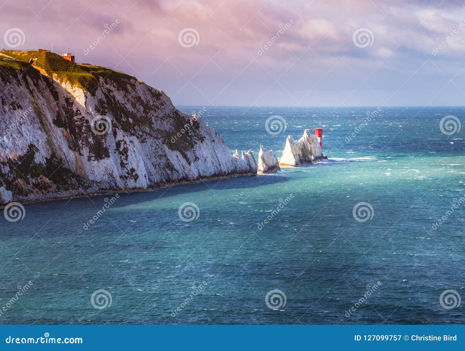 the needles and the 19th century lighthouse on the coastline isle of wight