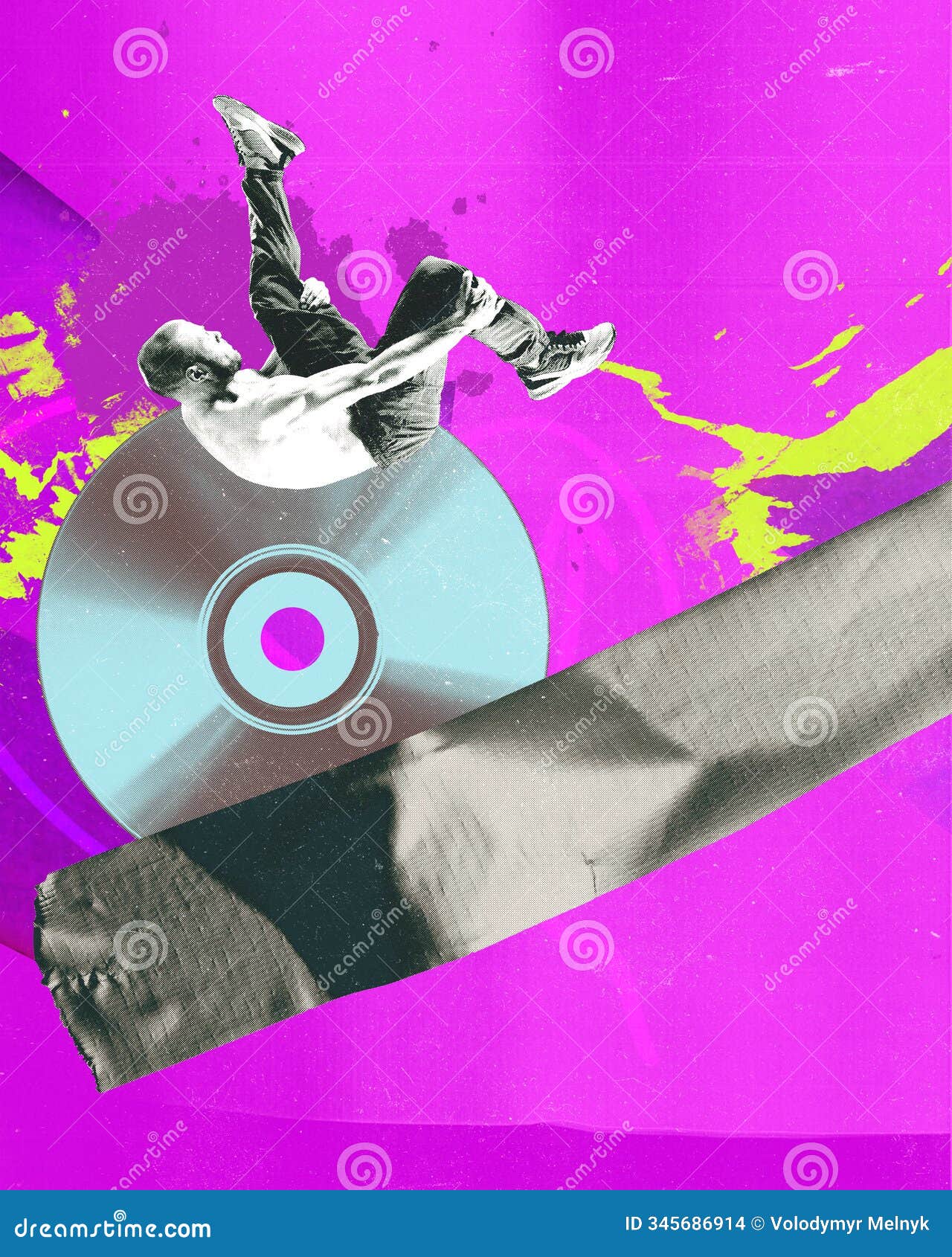 breakdancer performs stunt on large cd, with background full of vibrant colors and abstract patterns. contemporary art