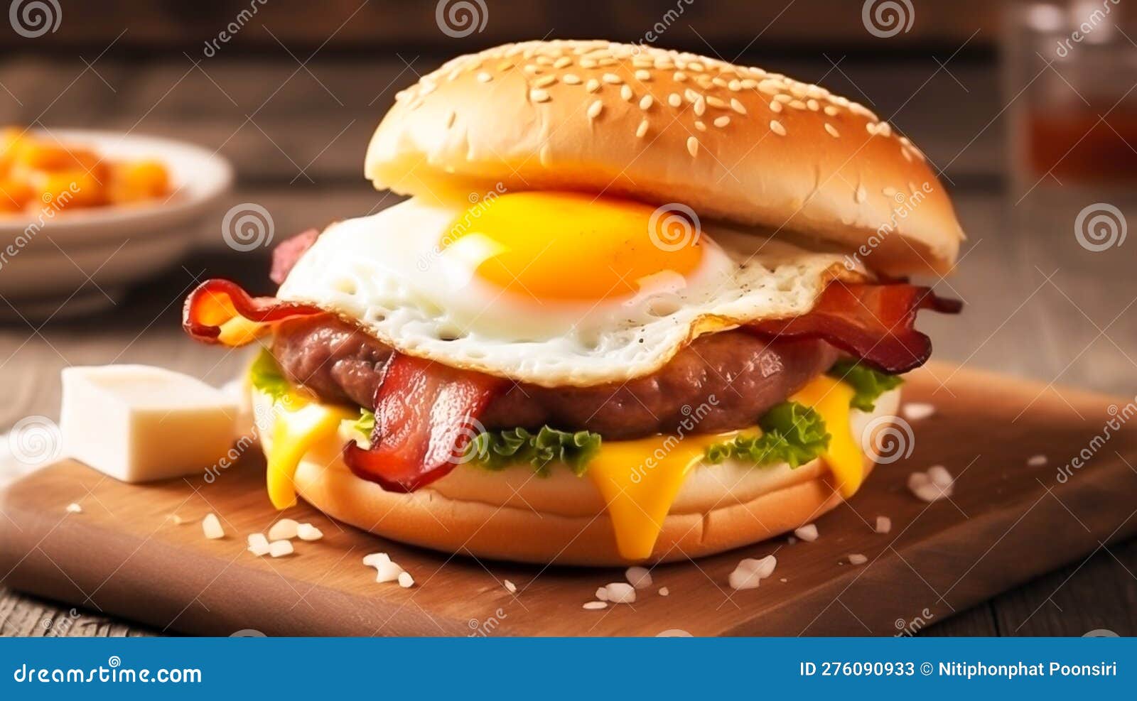 Breakfast, Bacon and Eggs in Pan, Product and Cheese Burger with Fresh ...