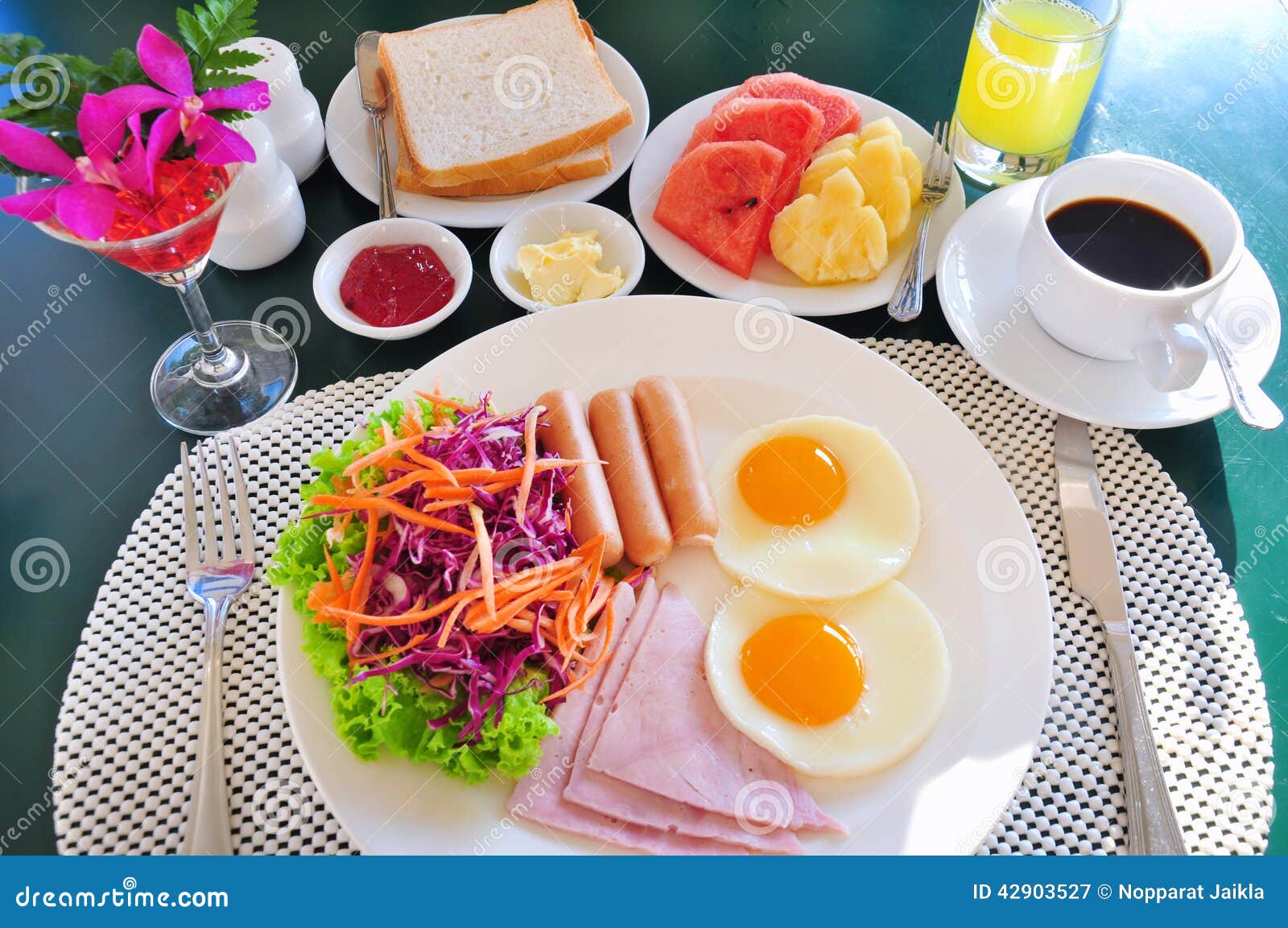 Breakfast with Bacon Fried Egg and Orange Juice Stock Image Image of