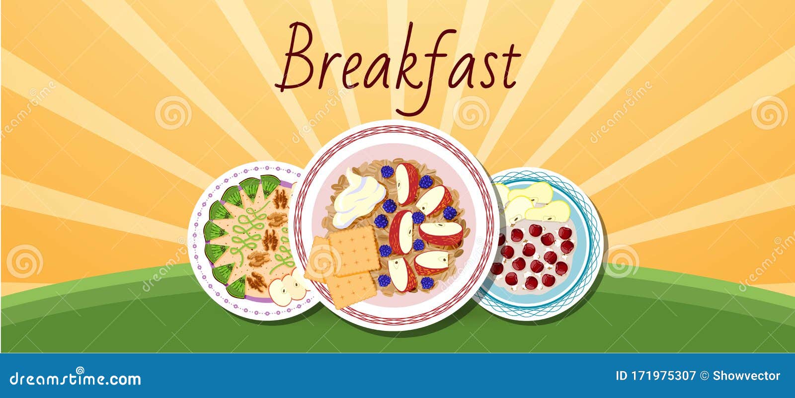 Breakfast Banner on Rising Sun Background Vector Illustration. Morning ...