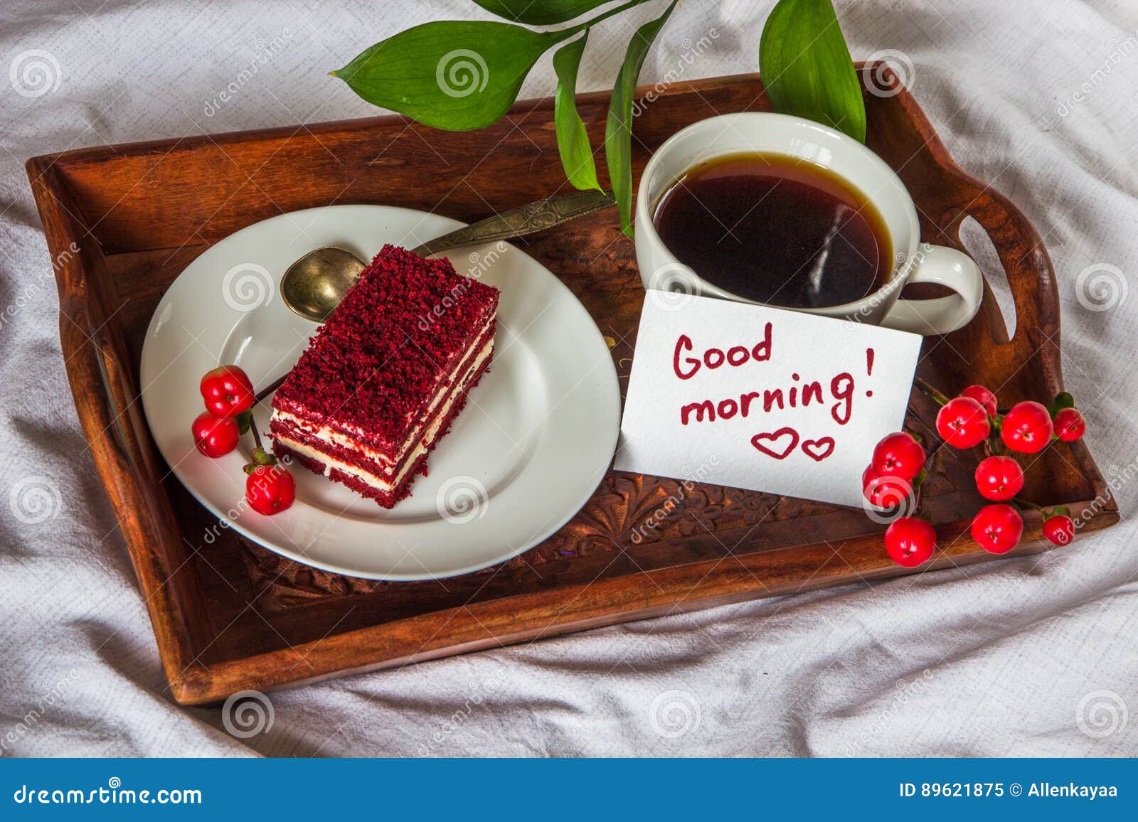 Breakfast in Bed. Cup, Coffee, Red, Velvet, Cake and Note with T ...