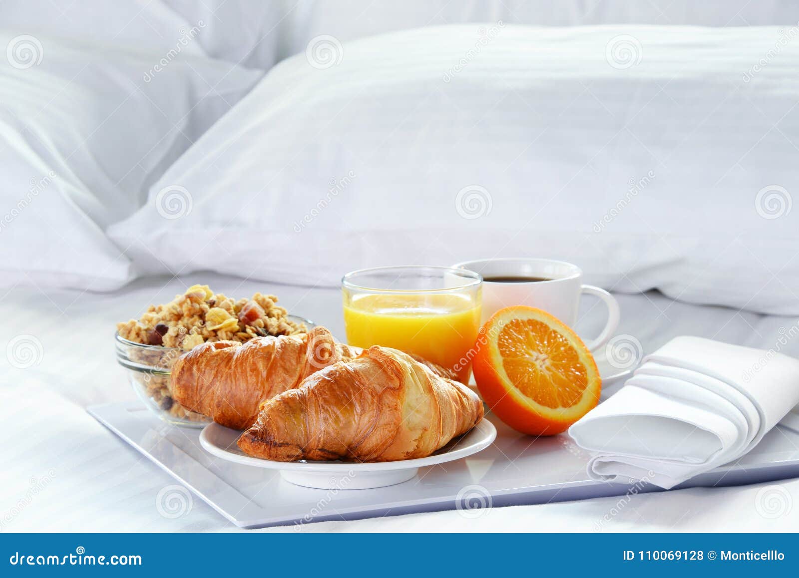 Breakfast in Bed in Hotel Room. Stock Photo Image of bedroom, room