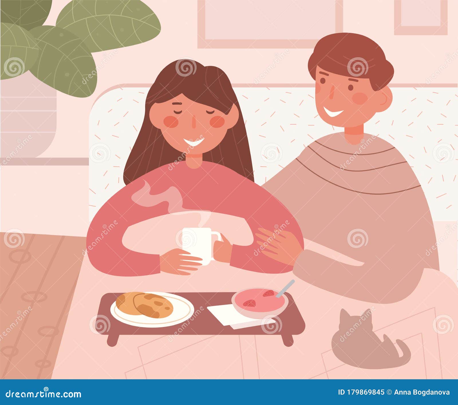 Breakfast in Bed Young Couple Vector. Cartoon. Isolated Art Stock