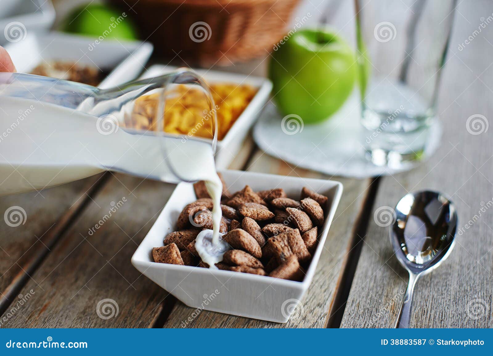 Breakfast with Bowl of Chocolate Cereal and Milk Stock Image Image of