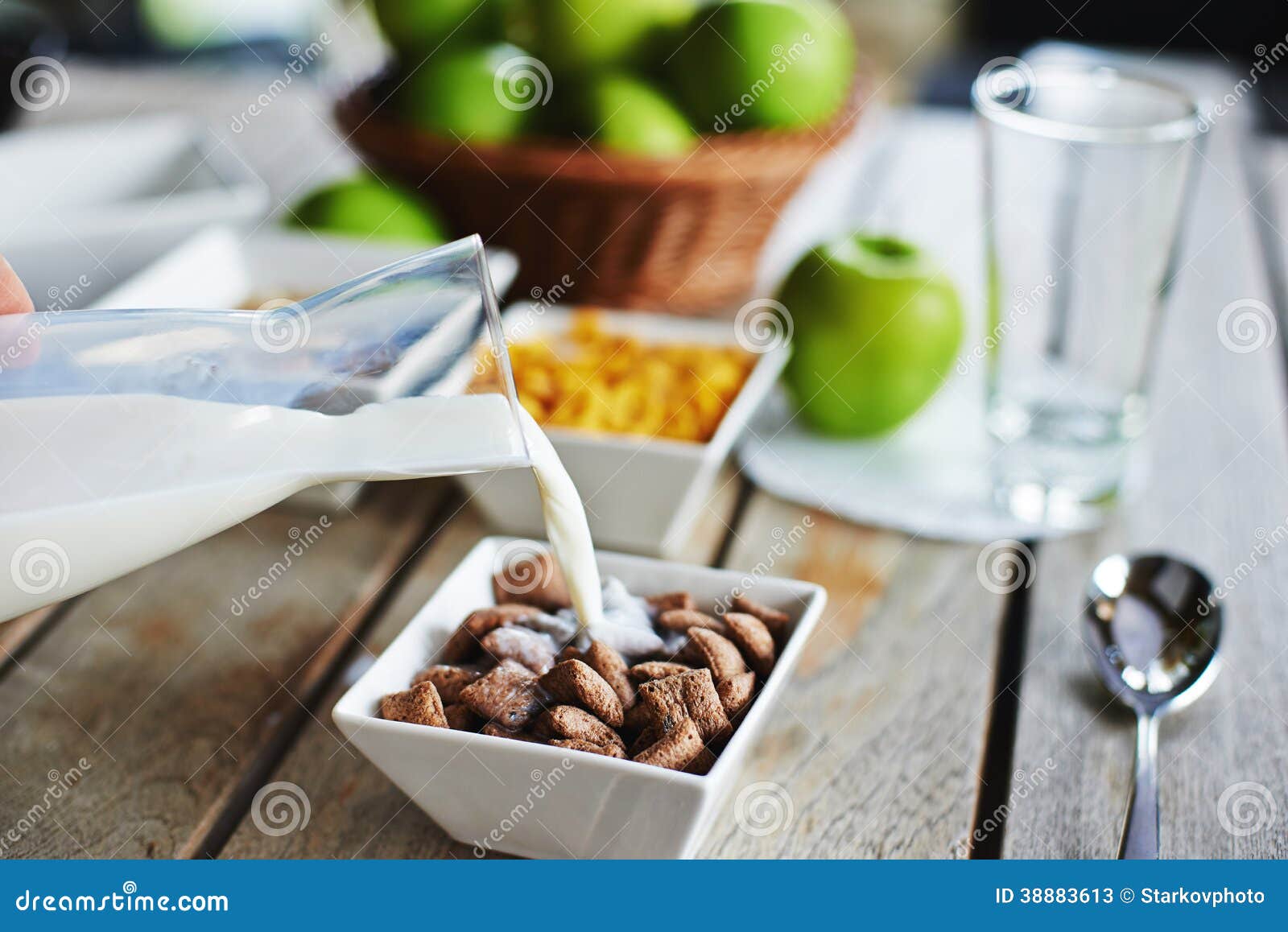 Breakfast with Bowl of Chocolate Cereal and Milk Stock Image Image of