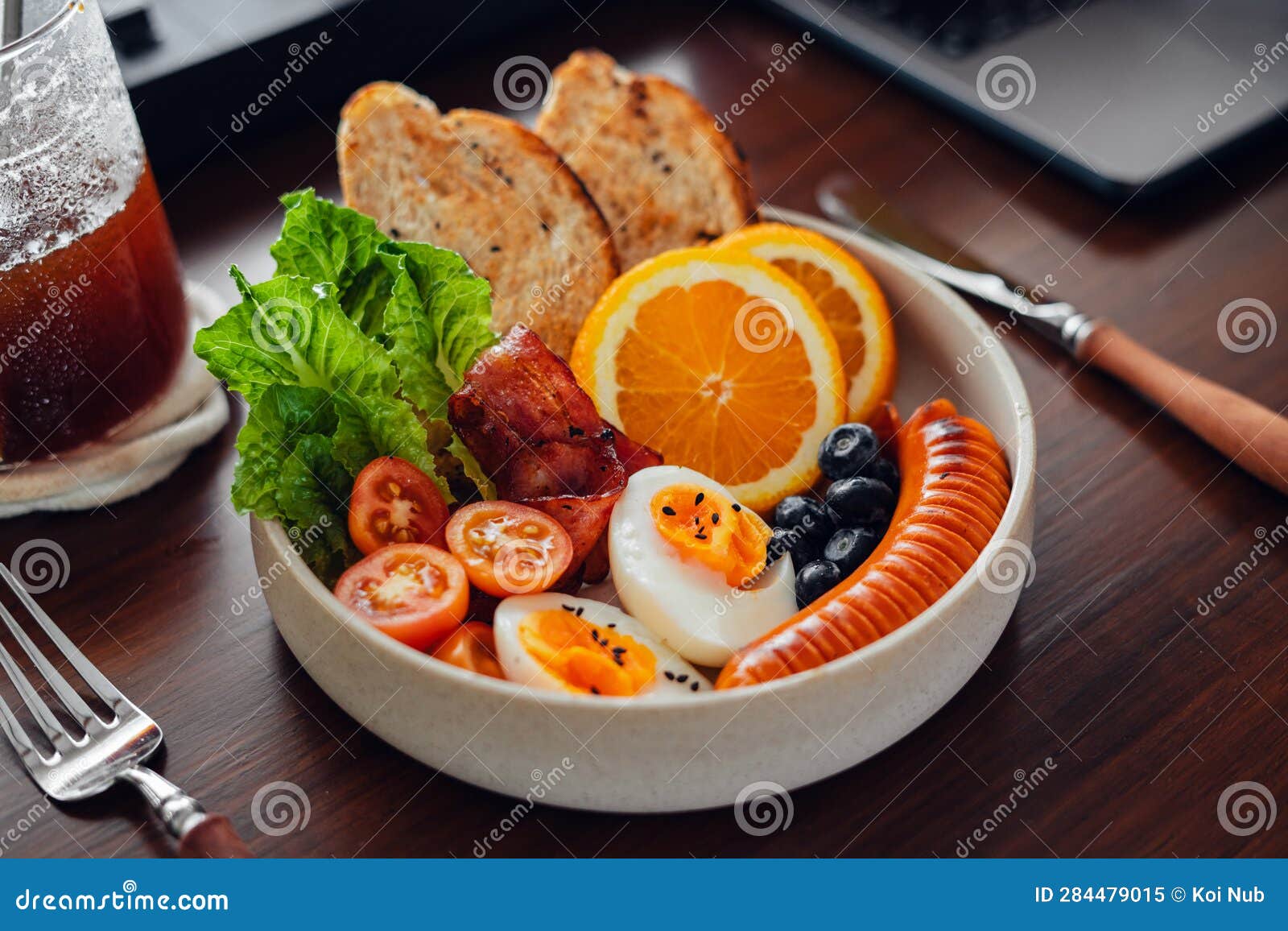 Breakfast Bread, Bacon, Boiled Eggs, Sausage and Coffee Stock Image ...