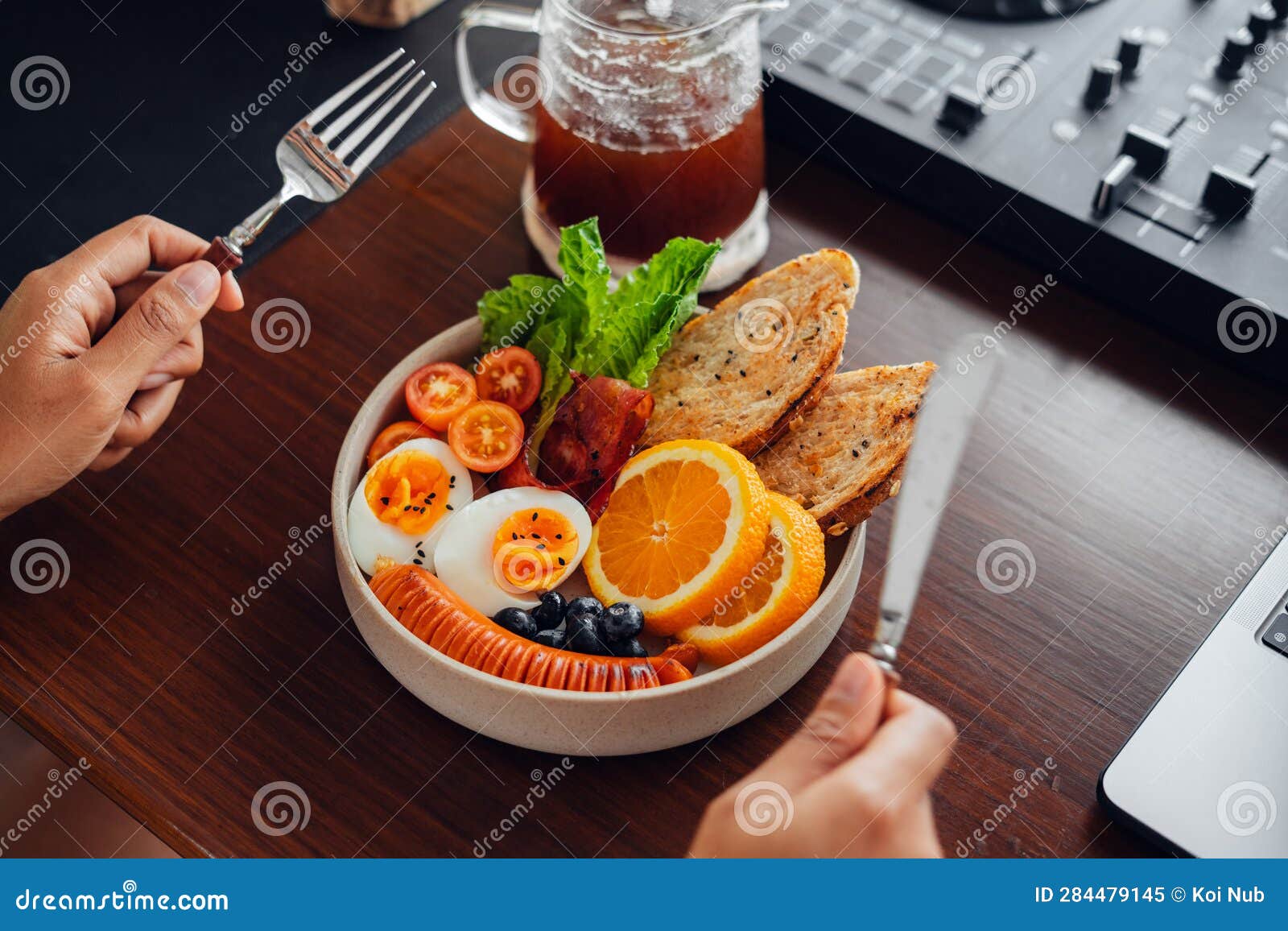 Breakfast Bread, Bacon, Boiled Eggs, Sausage and Coffee Stock Image ...
