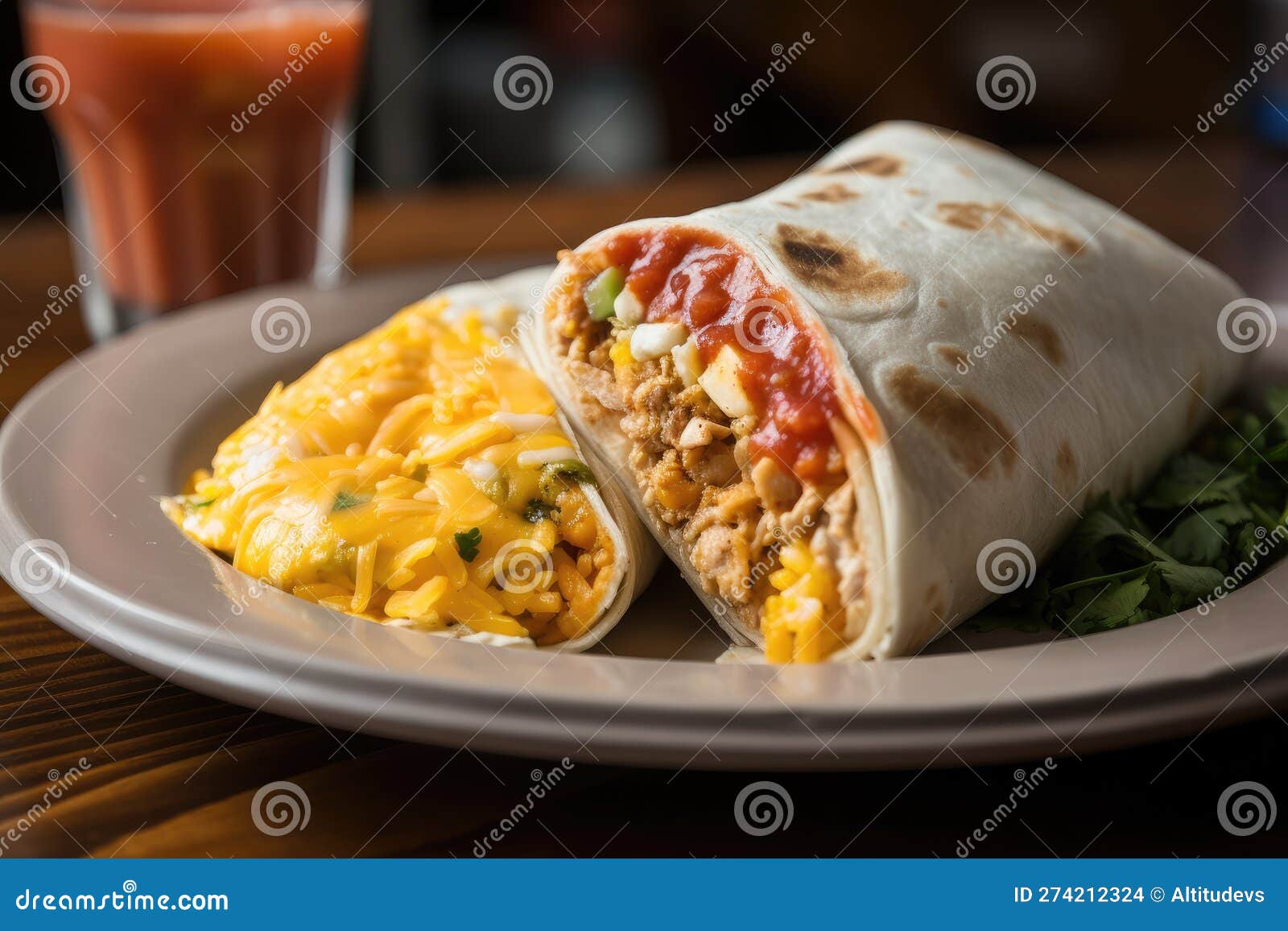 Breakfast Burrito, Filled with Scrambled Eggs, Cheese, and Salsa Stock