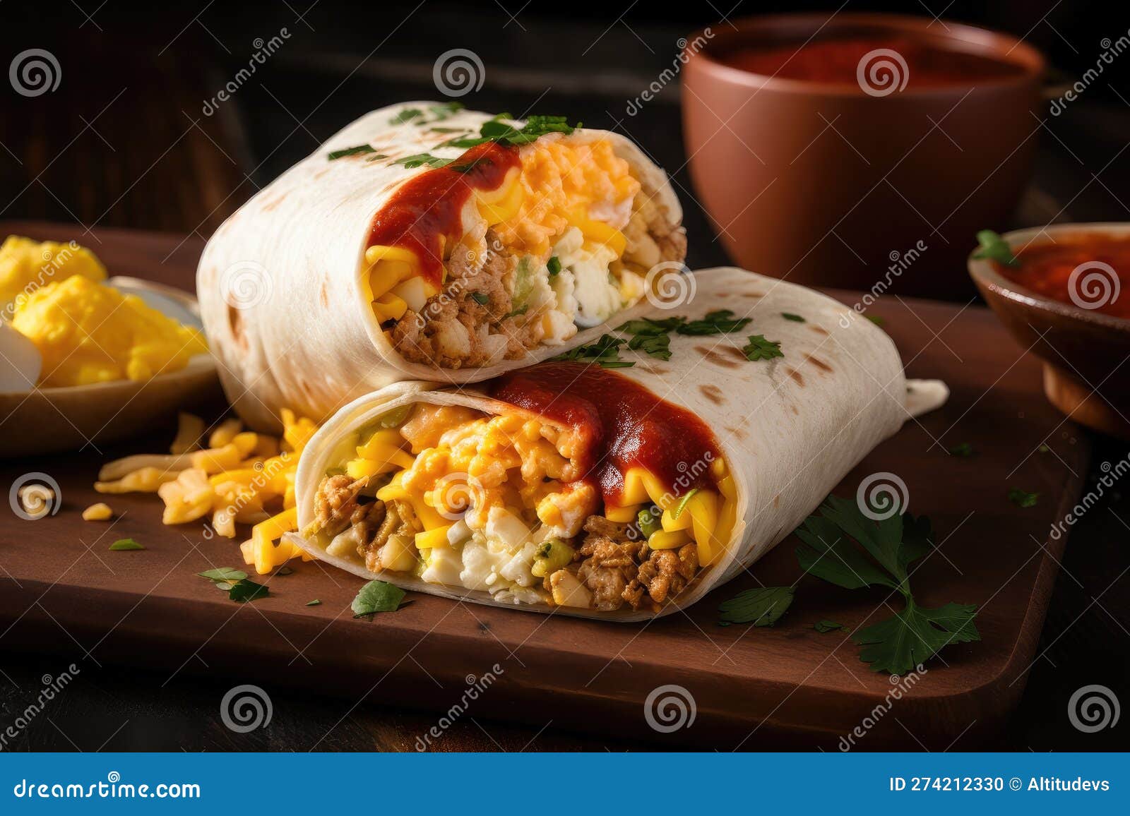 Breakfast Burrito, Filled with Scrambled Eggs, Cheese, and Salsa Stock