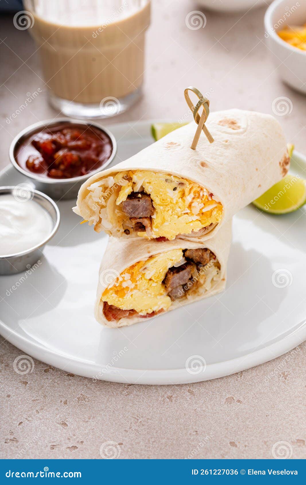 Breakfast Burrito with Sausage, Eggs, Hashbrown and Cheese Stock Photo