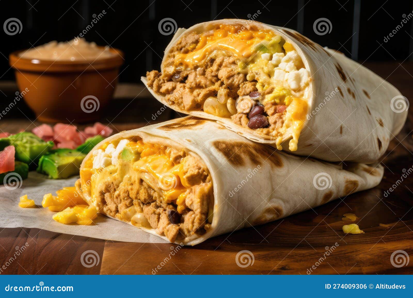 Breakfast Burrito with Scrambled Eggs, Cheese, and Refried Beans Stock