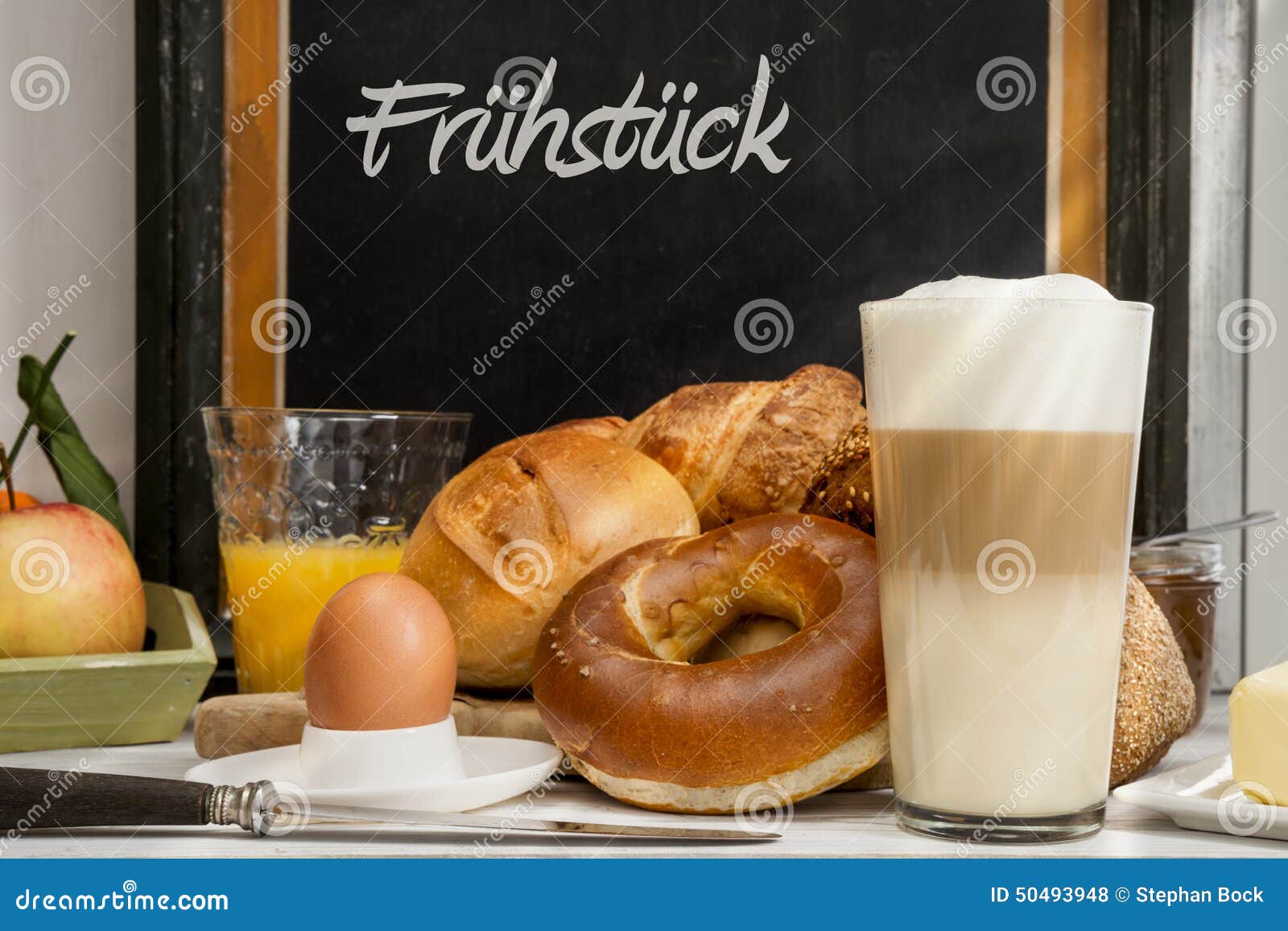 breakfast in cafe, bread, buns, egg, latte macchiato, orange juice