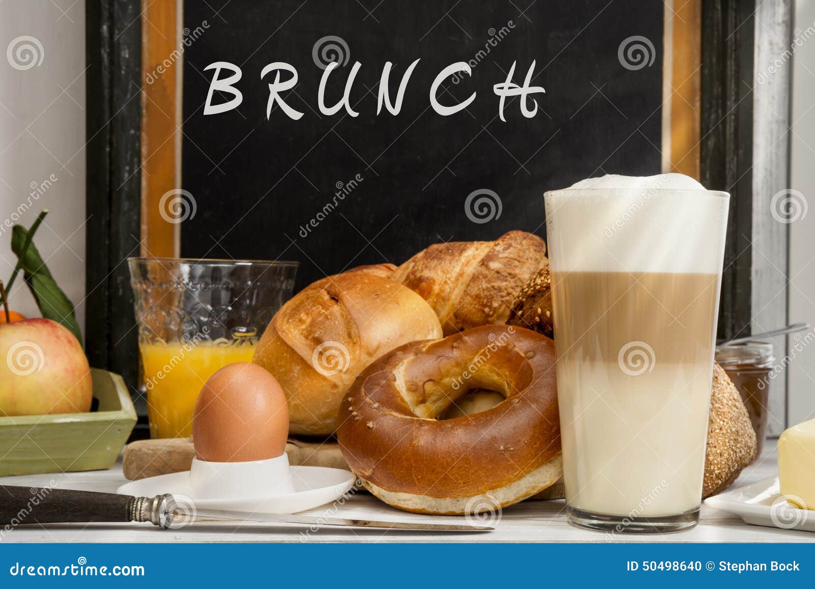 breakfast in cafe, bread, buns, egg, latte macchiato, orange juice