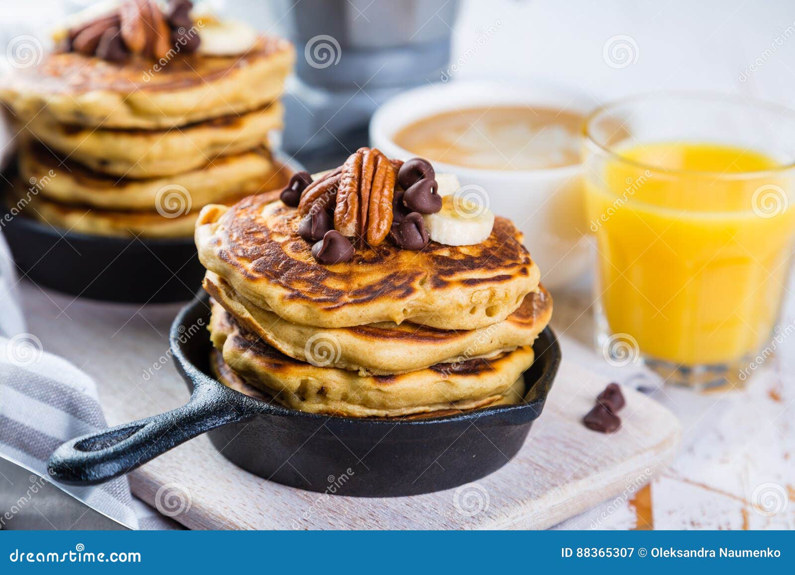 Breakfast Chocolate Chip Pancakes with Coffee and Juice Stock Image