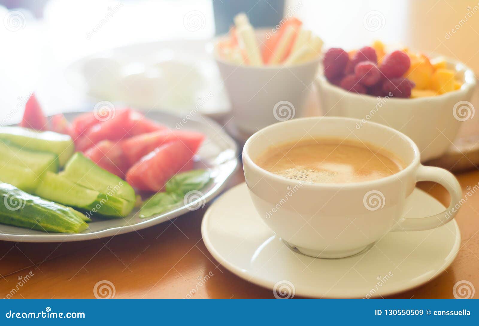 Breakfast with Coffee, Egg, Vegetables and Fruits Stock Image Image