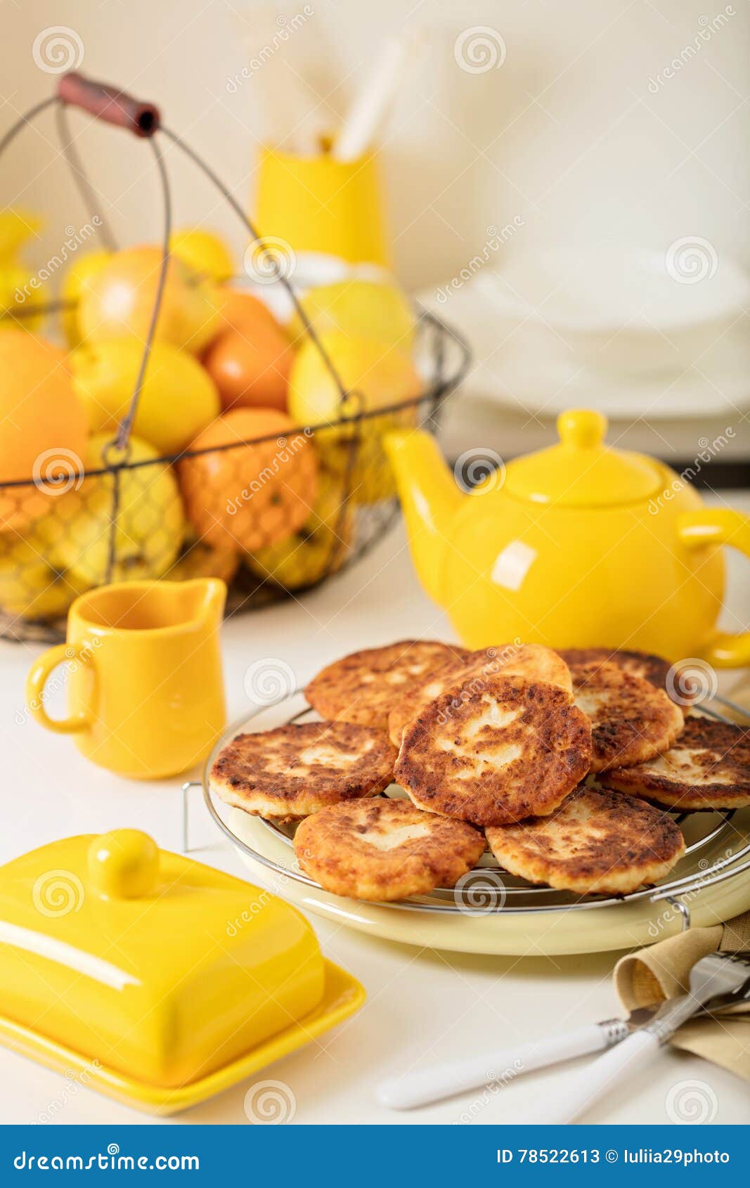 Breakfast. Cottage Cheese Pancakes with Tea and Lemon Stock Image Image of cuisine, lemon