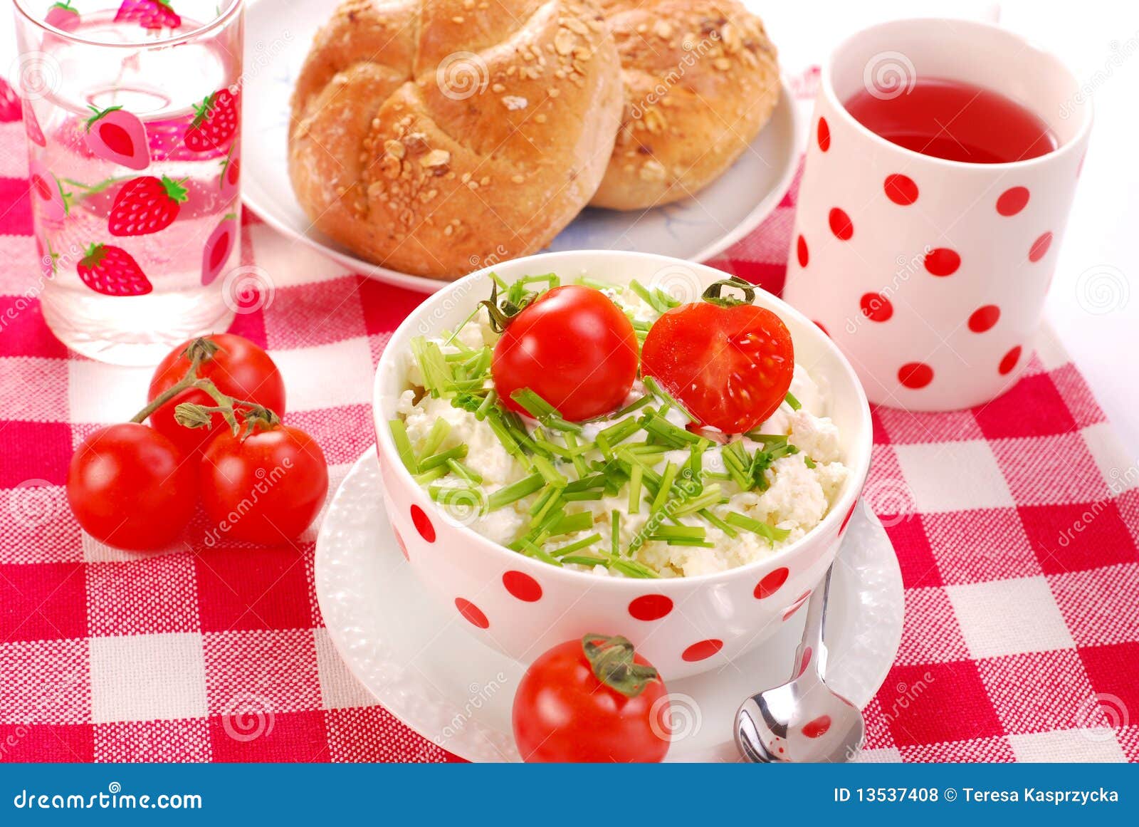 Breakfast with Cottage Cheese ,tomato and Chive Stock Photo Image of