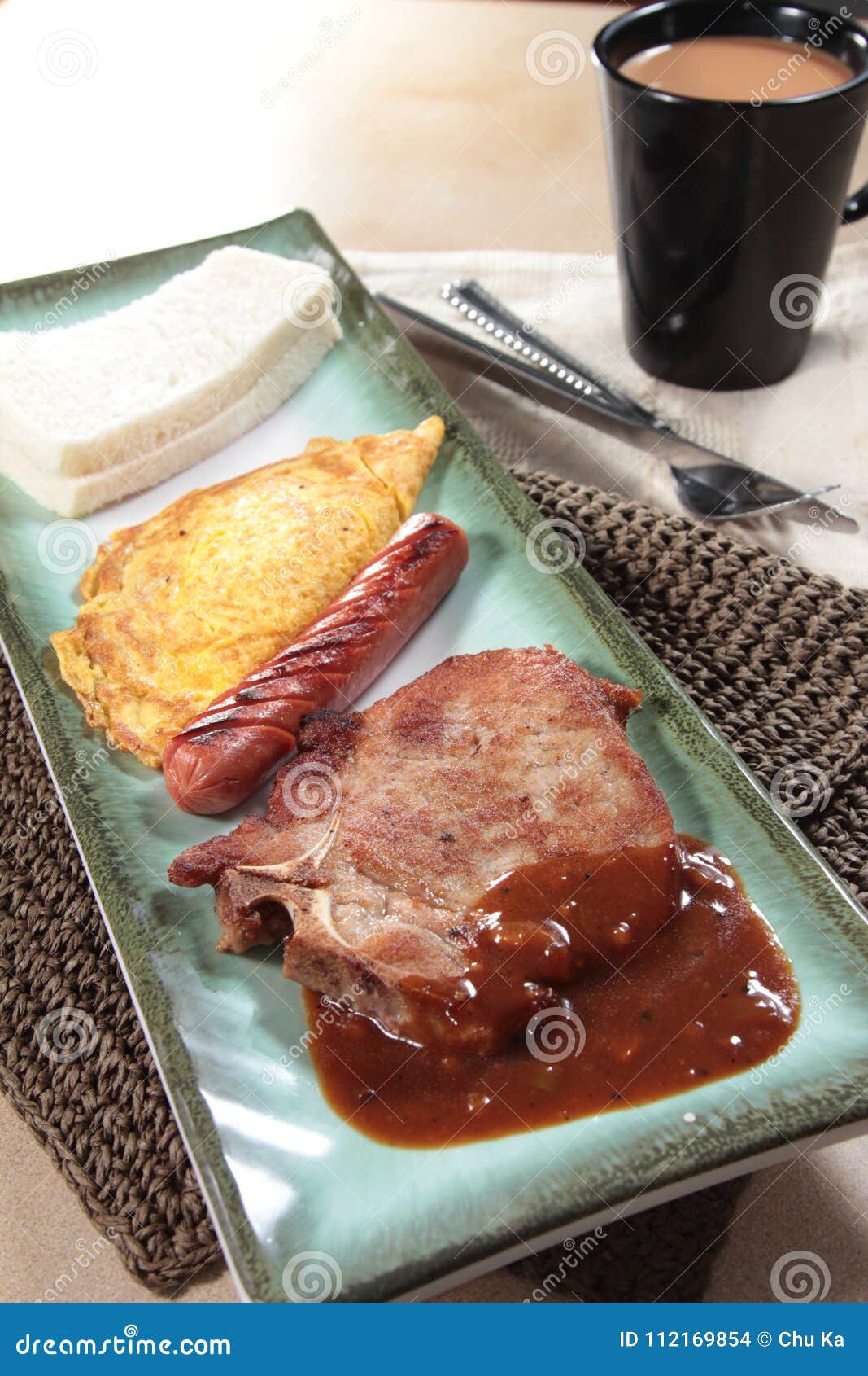 Breakfast with Ham, Bread, Egg, Steak, and More Stock Photo - Image of