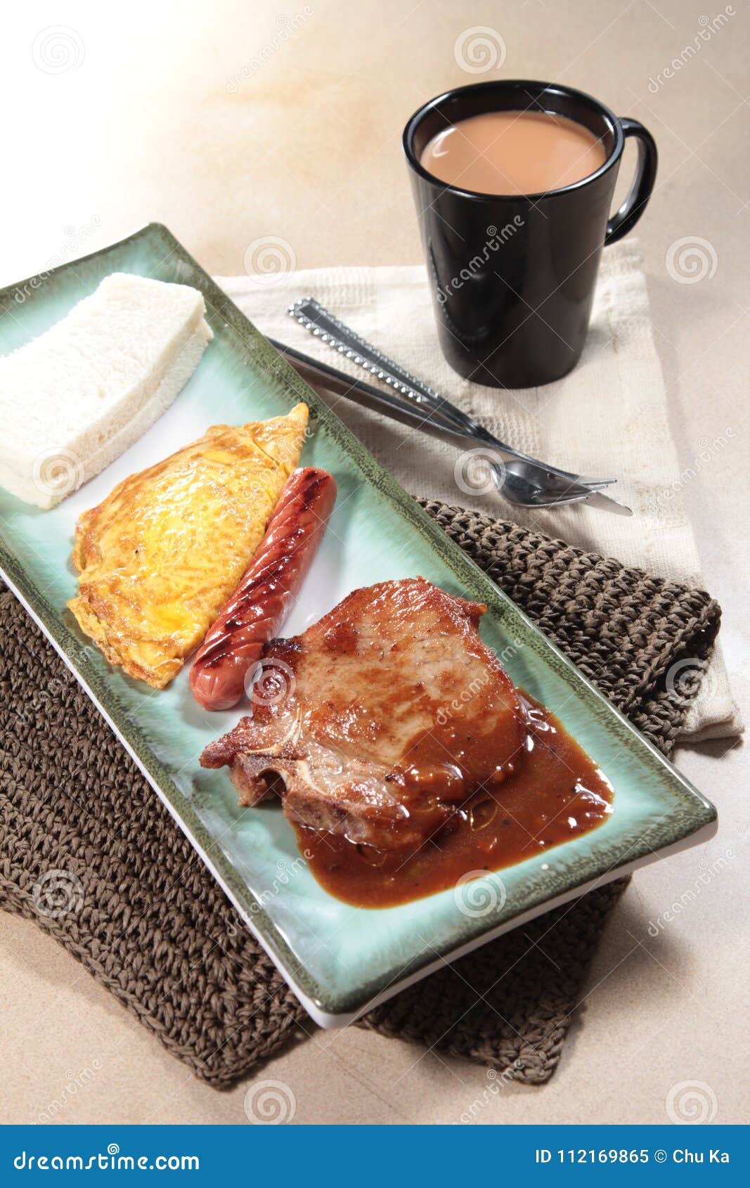 Breakfast with Ham, Bread, Egg, Steak, and More Stock Image - Image of