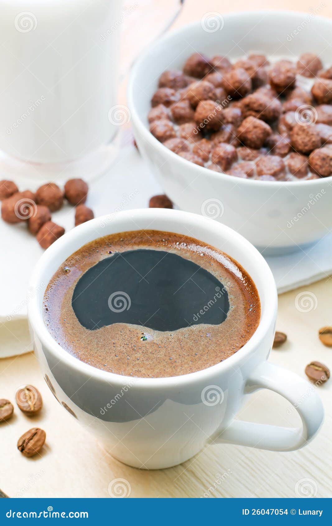 Breakfast with Cup of Coffee and Chocolate Flakes Stock Photo Image