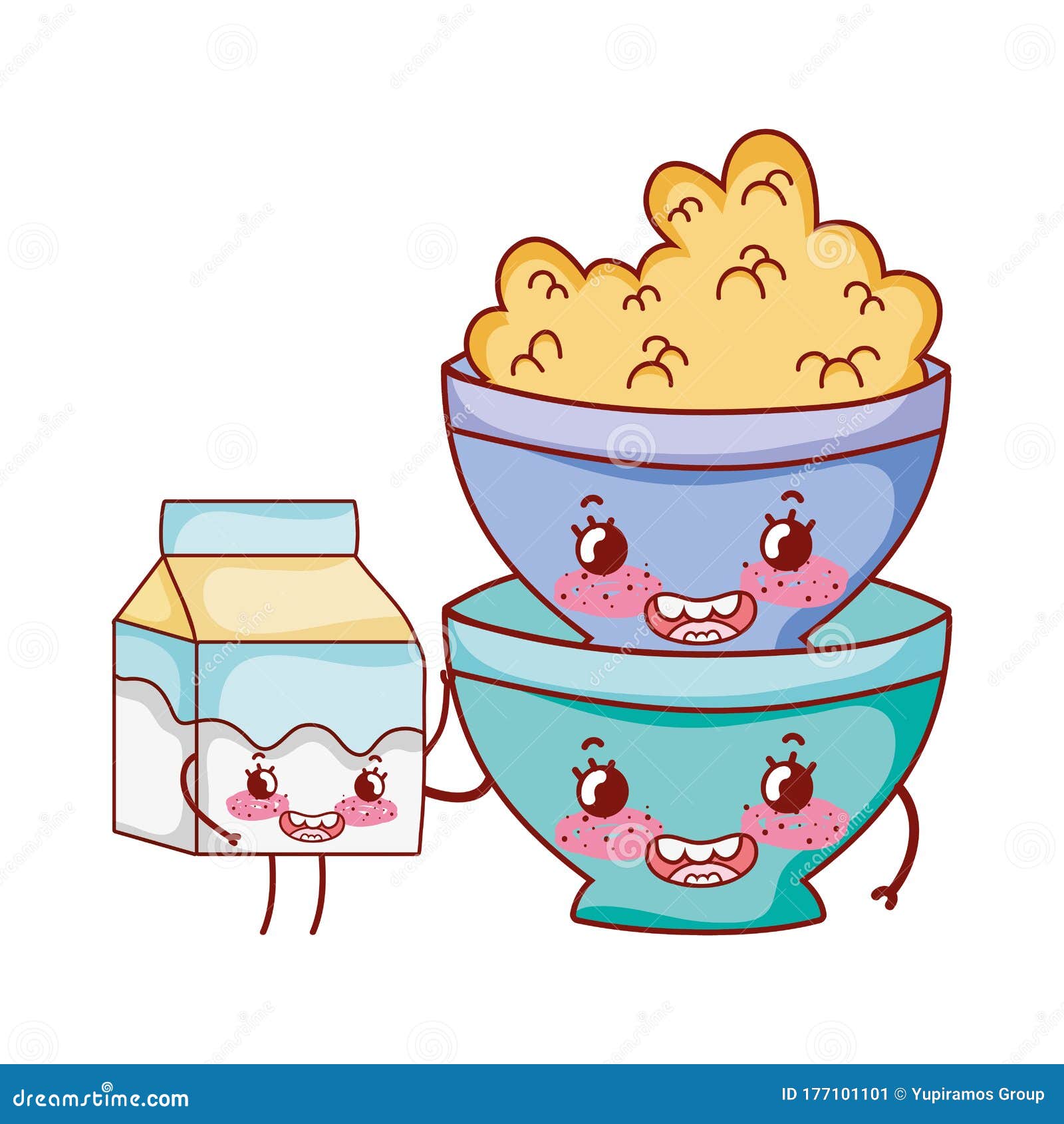 Breakfast Cute Bowl with Cereal and Milk Box Cartoon Stock Vector
